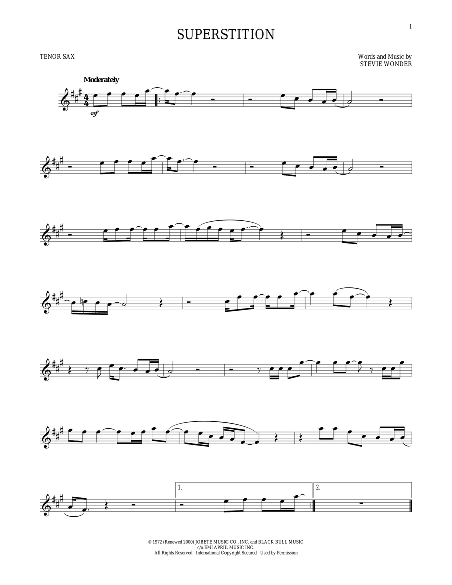 Superstition by Stevie Wonder Tenor Saxophone Digital Sheet Music