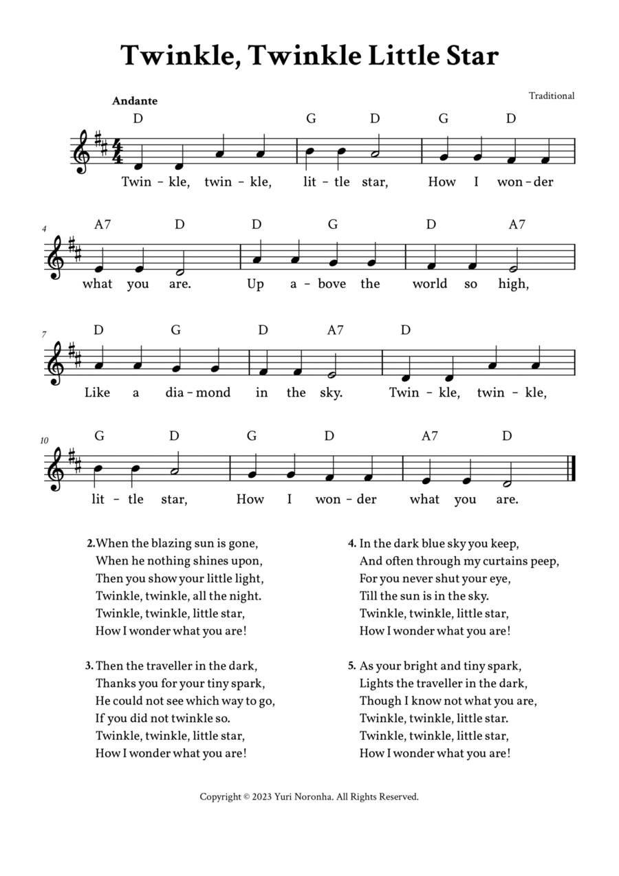 Twinkle, Twinkle Little Star - Lead Sheet D Major (Full Lyrics) by  Traditional - A Cappella - Digital Sheet Music