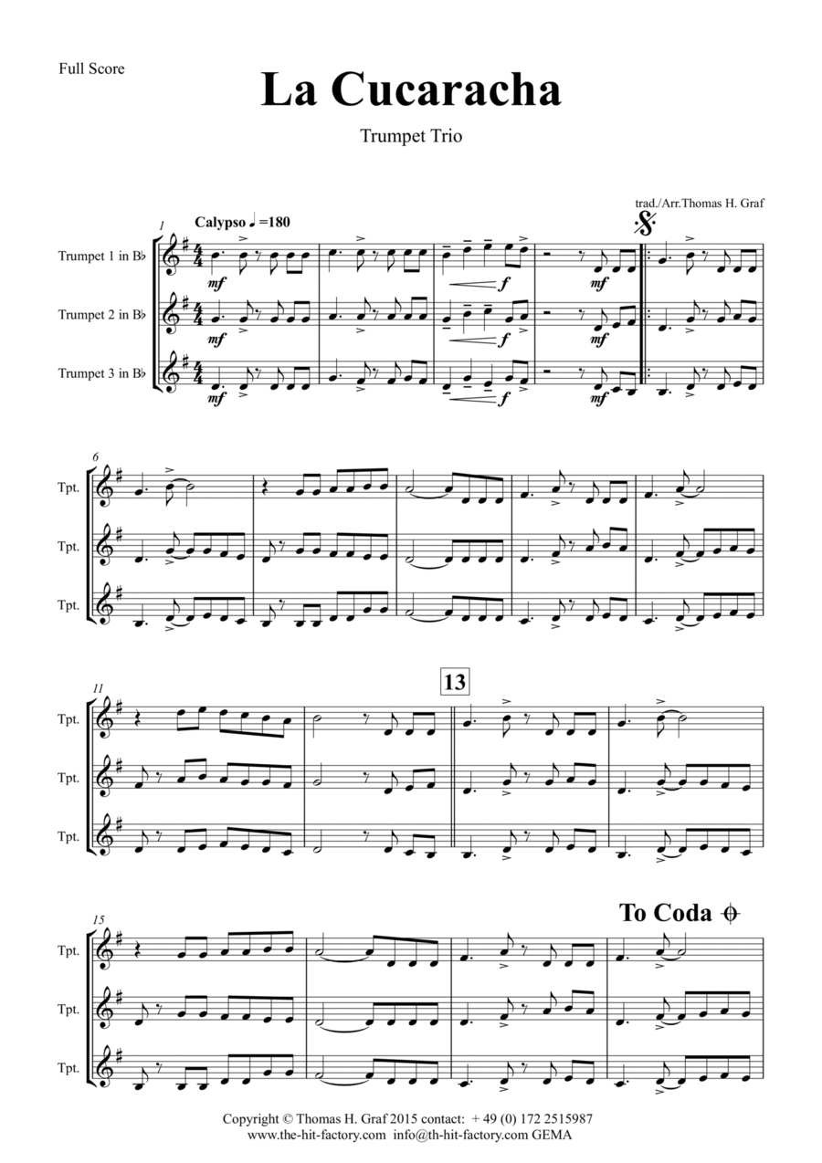 La Cucaracha - Mexican Folk Song - Trumpet Trio by Thomas Graf - Trumpet  Trio - Digital Sheet Music