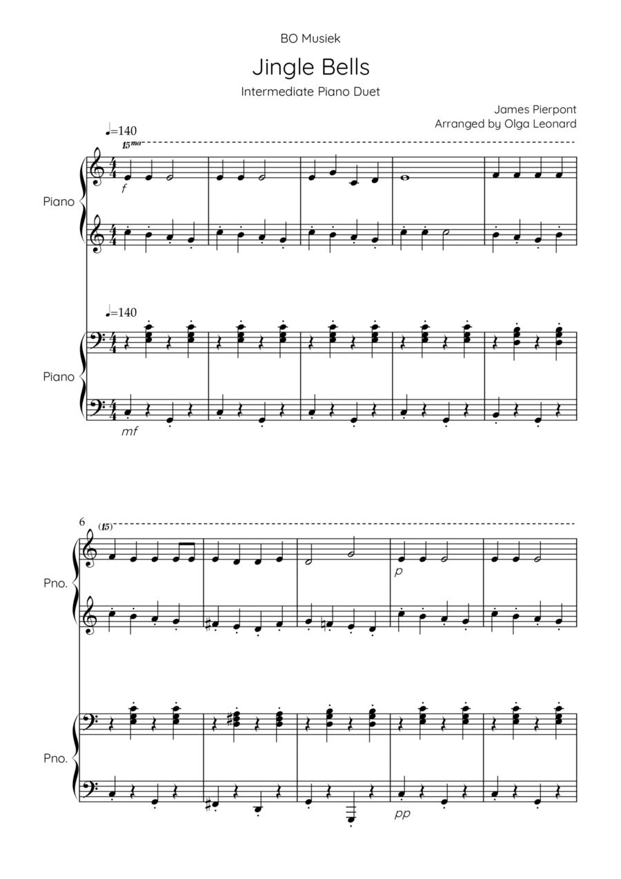 Jingle Bells Piano Duet by James Pierpont 1 Piano, 4Hands Digital