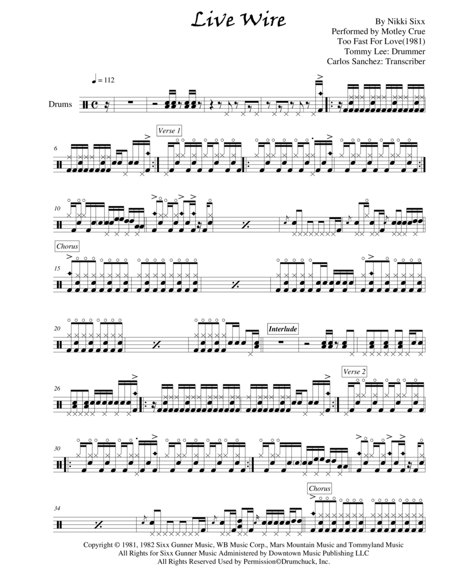 Live Wire by Motley Crue - Drum Set - Digital Sheet Music