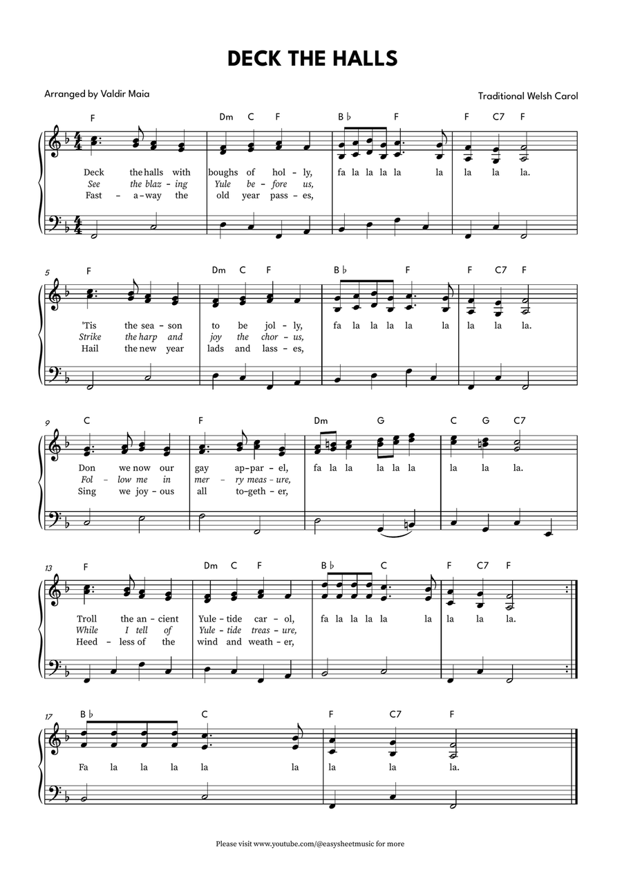 Deck The Halls - Piano in F Major (Chords and Lyrics) by Traditional ...