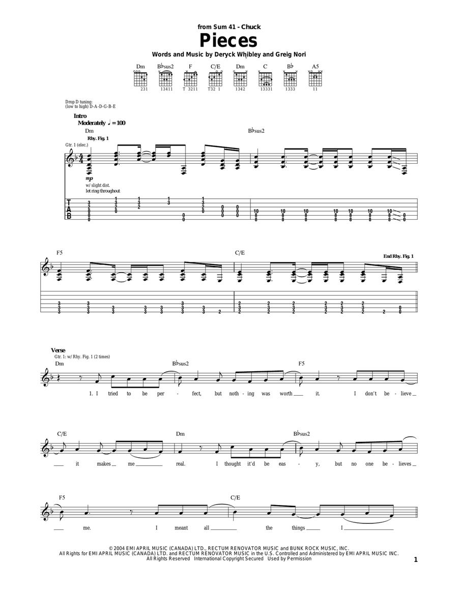 Sum 41 Pieces Guitar Tab in D Minor - Download & Print - SKU: MN0064762