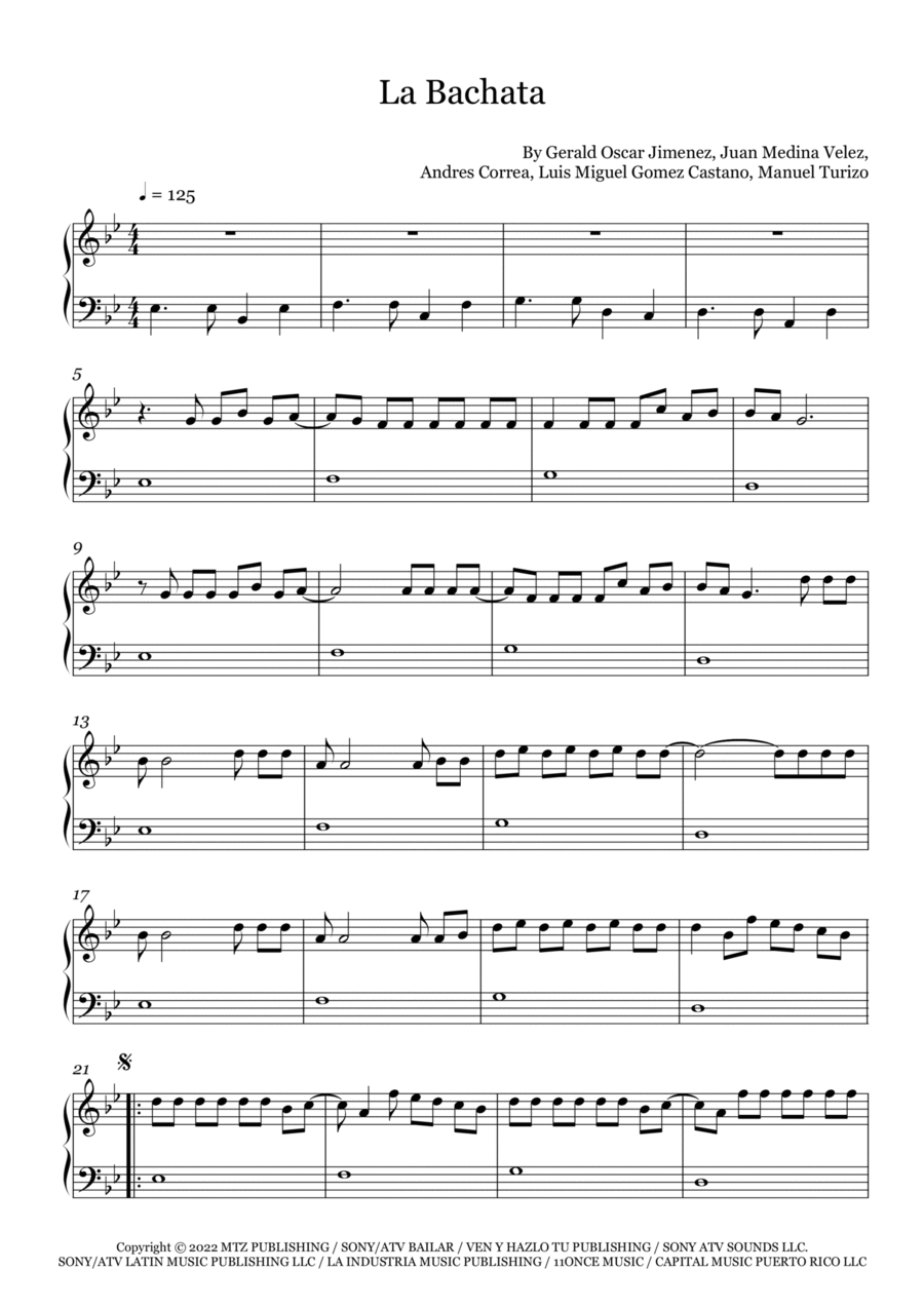 La Bachata - Easy Piano - Digital Sheet Music