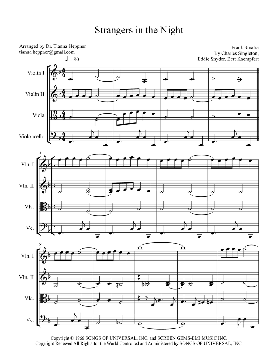 STRANGERS IN THE NIGHT Easy Piano Sheet music