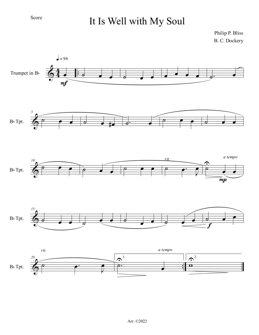 It Is Well with My Soul (Trumpet Solo) by Philip P. Bliss BFlat Trumpet Digital Sheet Music