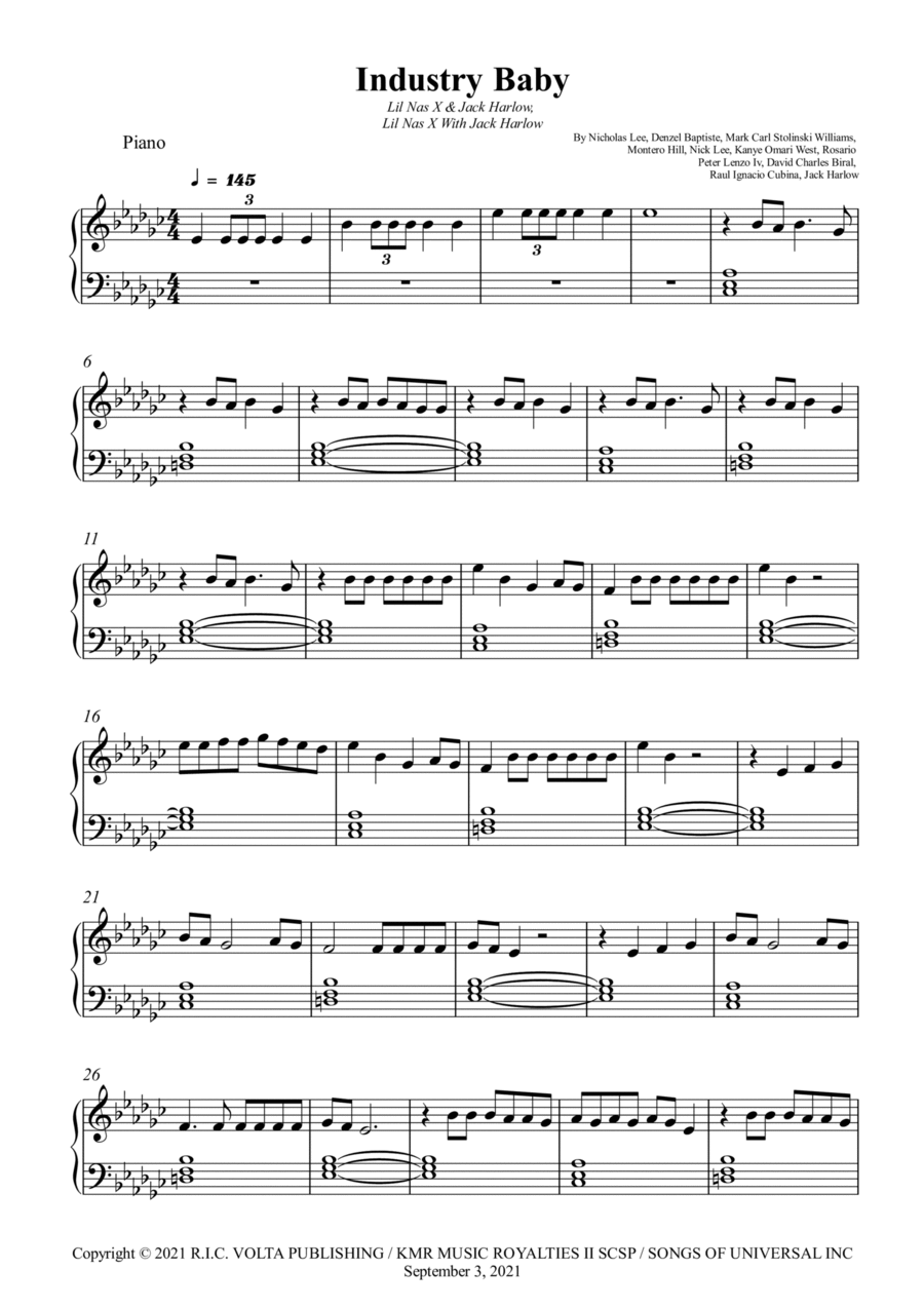 Industry Baby by Lil Nas X - Piano Solo - Digital Sheet Music