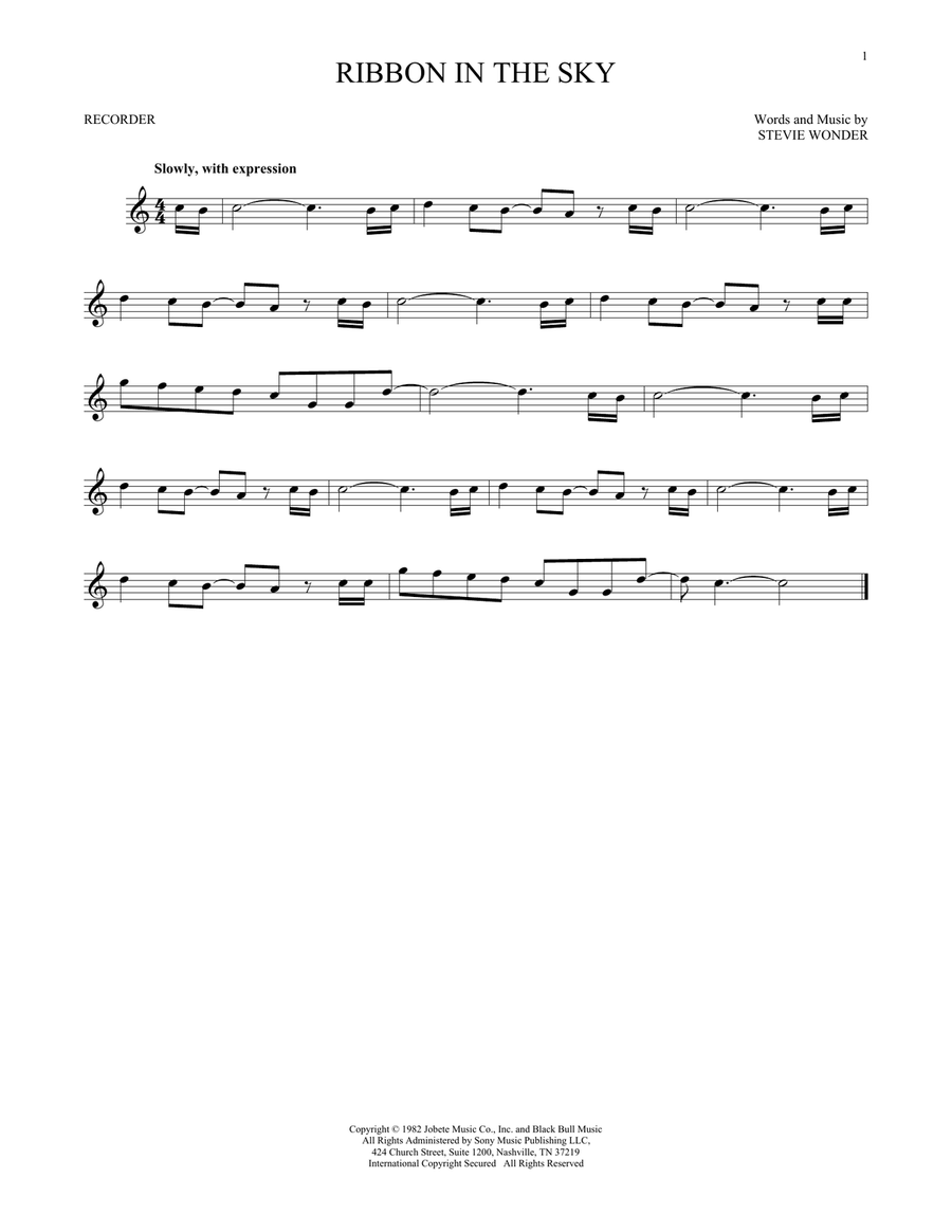 Ribbon In The Sky by Stevie Wonder Recorder Digital Sheet Music