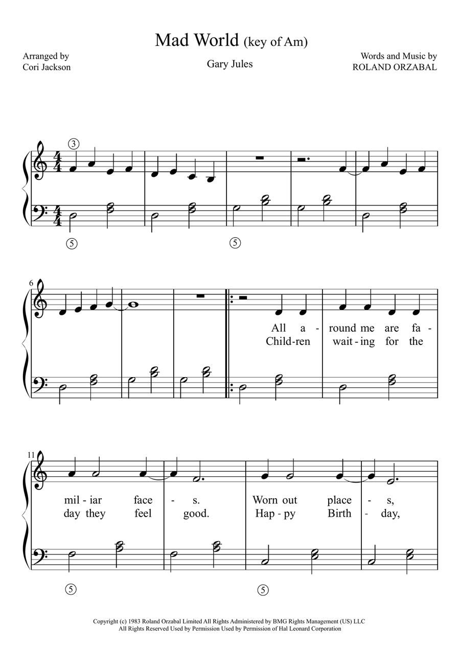 Mad World in C major Sheet music for Piano (Solo) Easy