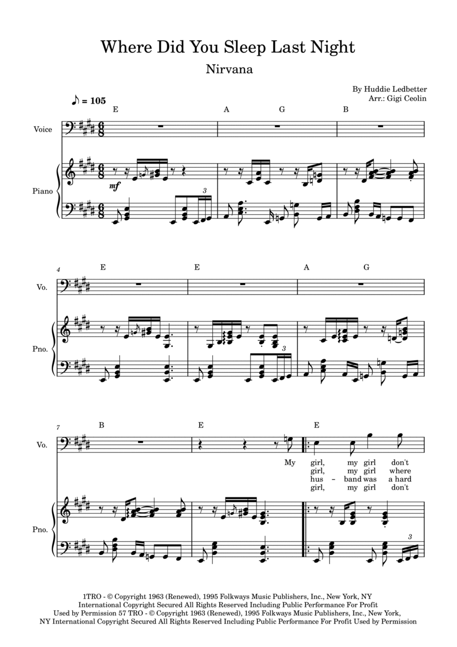 Where Did You Sleep Last Night by Nirvana Voice Digital Sheet Music Sheet Music Plus
