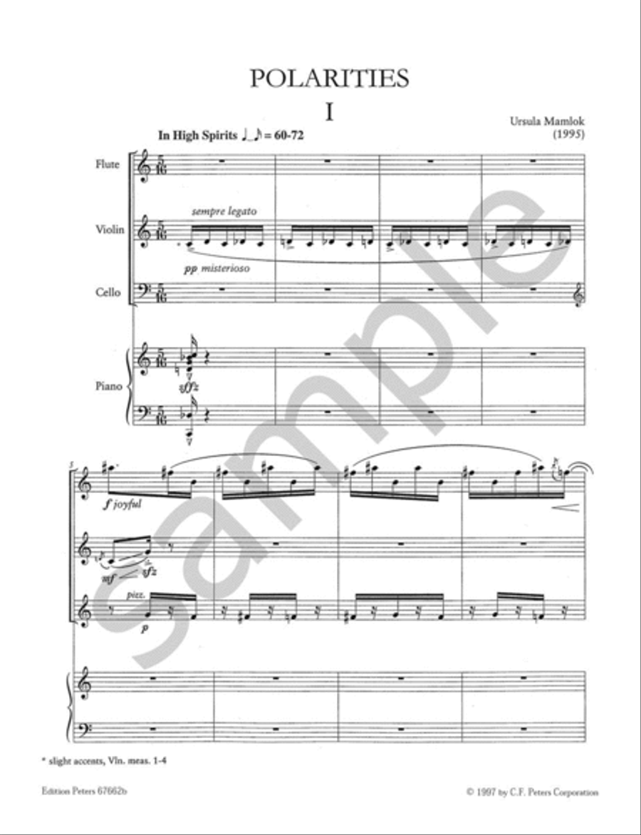 Polarities for Flute (dbl. Alto Flute), Violin, Cello, and Piano Small Ensemble scores gallery preview page 2