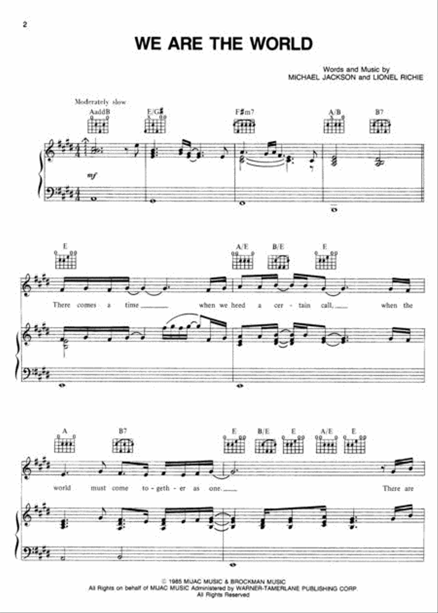 We Are The World Piano, Vocal, Guitar scores gallery preview page 2