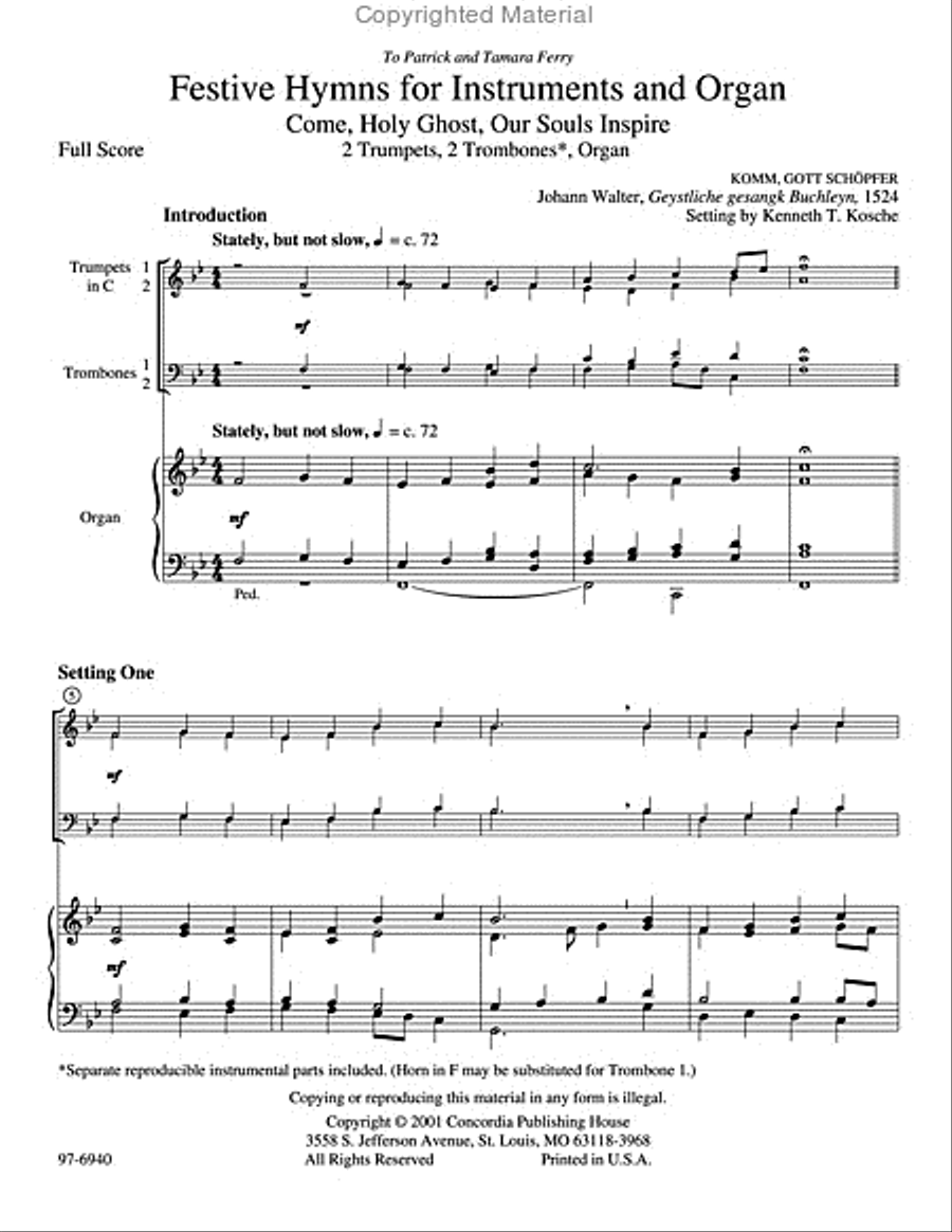 Festive Hymns for Instruments and Organ: Komm, Gott Schoepfer / Come, Holy Ghost, Our Souls Inspire Horn scores gallery preview page 2