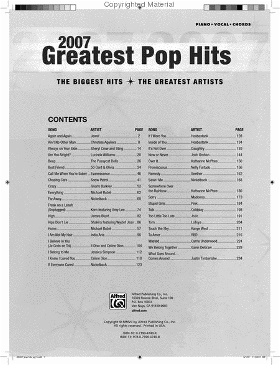 2007 Greatest Pop Hits Piano, Vocal, Guitar scores gallery preview page 2