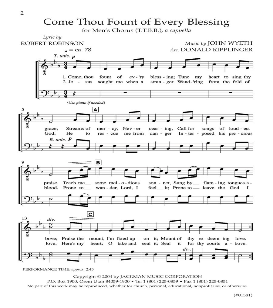 Come Thou Fount of Every Blessing - TTBB, a cappella TTBB scores gallery preview page 2