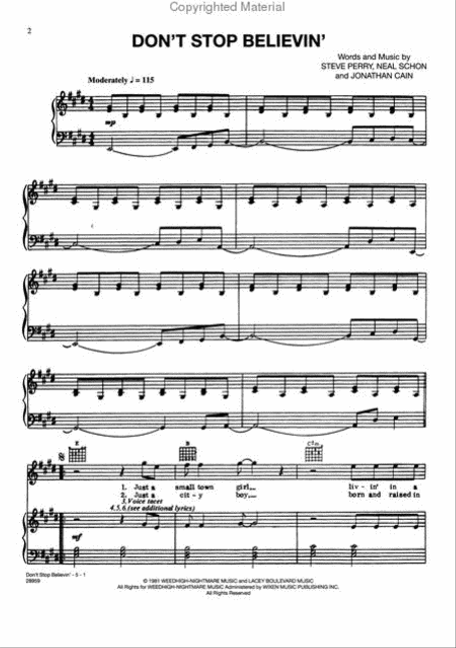Don't Stop Believin' (Featured in the final episode of The Sopranos) Piano, Vocal, Guitar scores gallery preview page 2