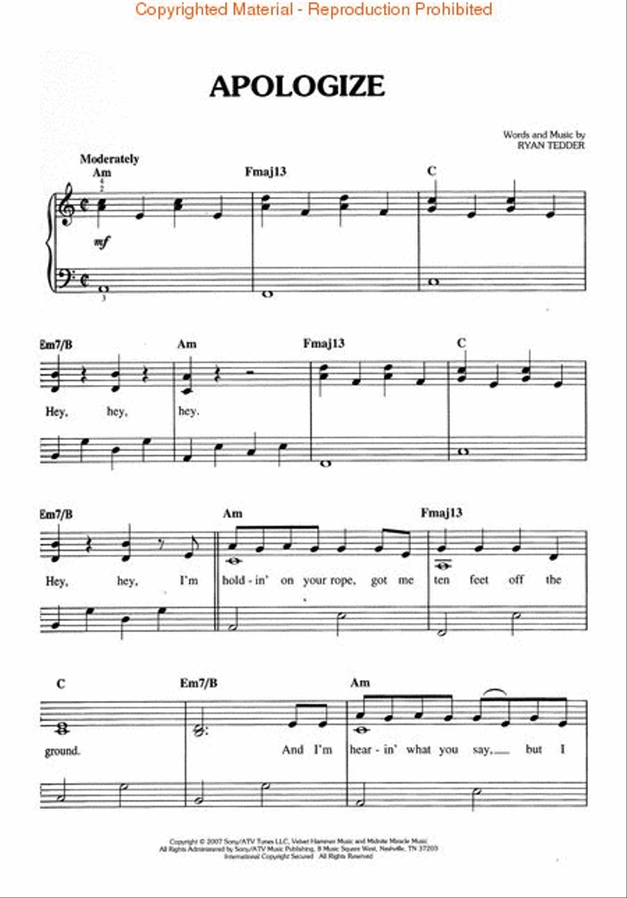 Apologize Easy Piano scores gallery preview page 2