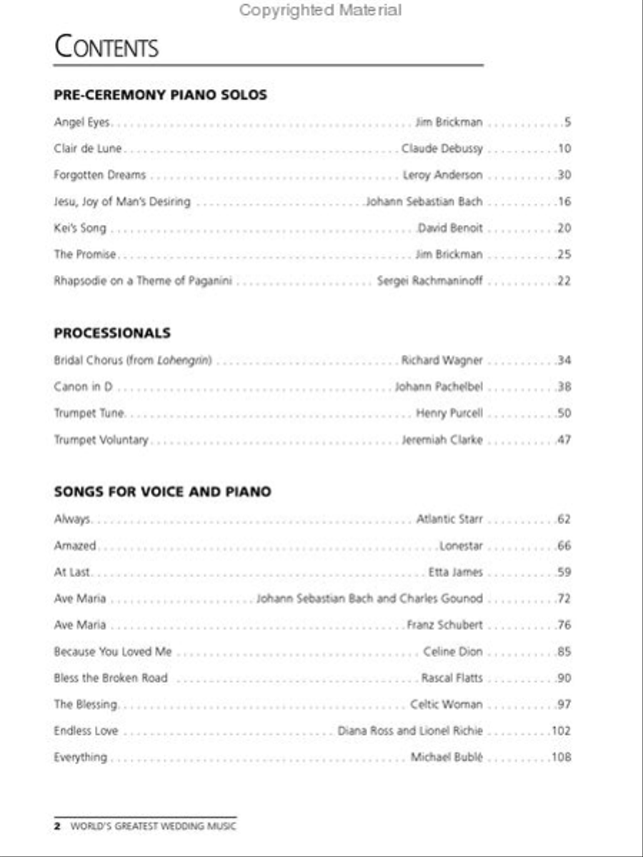 World's Greatest Wedding Music Piano, Vocal, Guitar scores gallery preview page 2