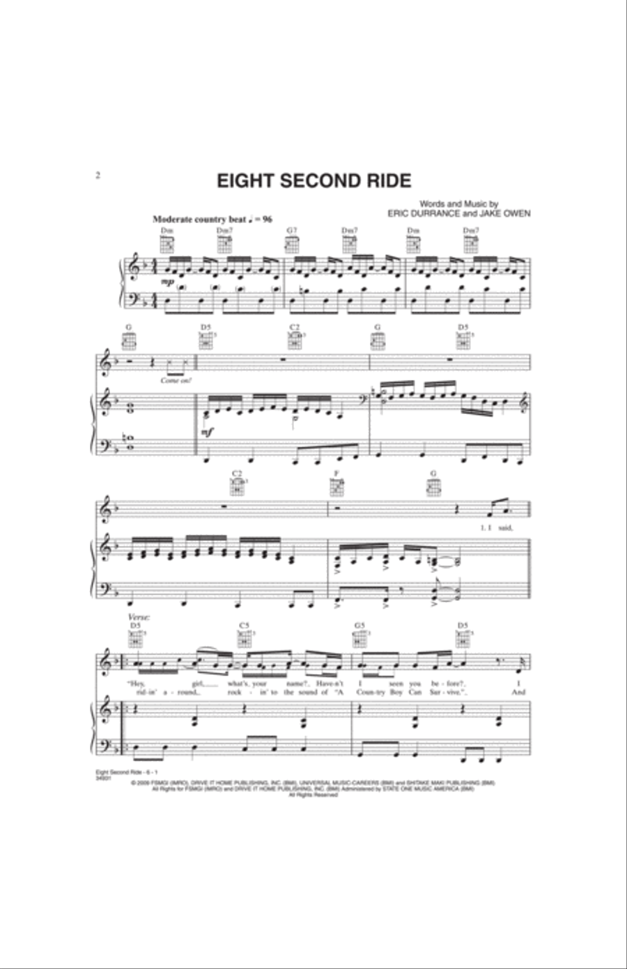 Eight Second Ride Piano, Vocal, Guitar scores gallery preview page 2