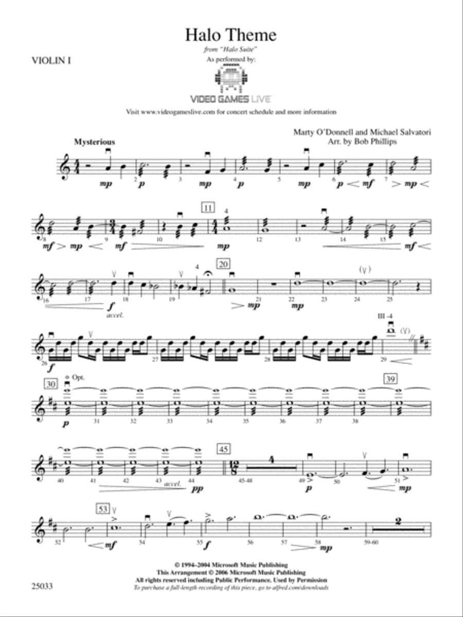 Halo Theme: 1st Violin String Orchestra scores gallery preview page 1