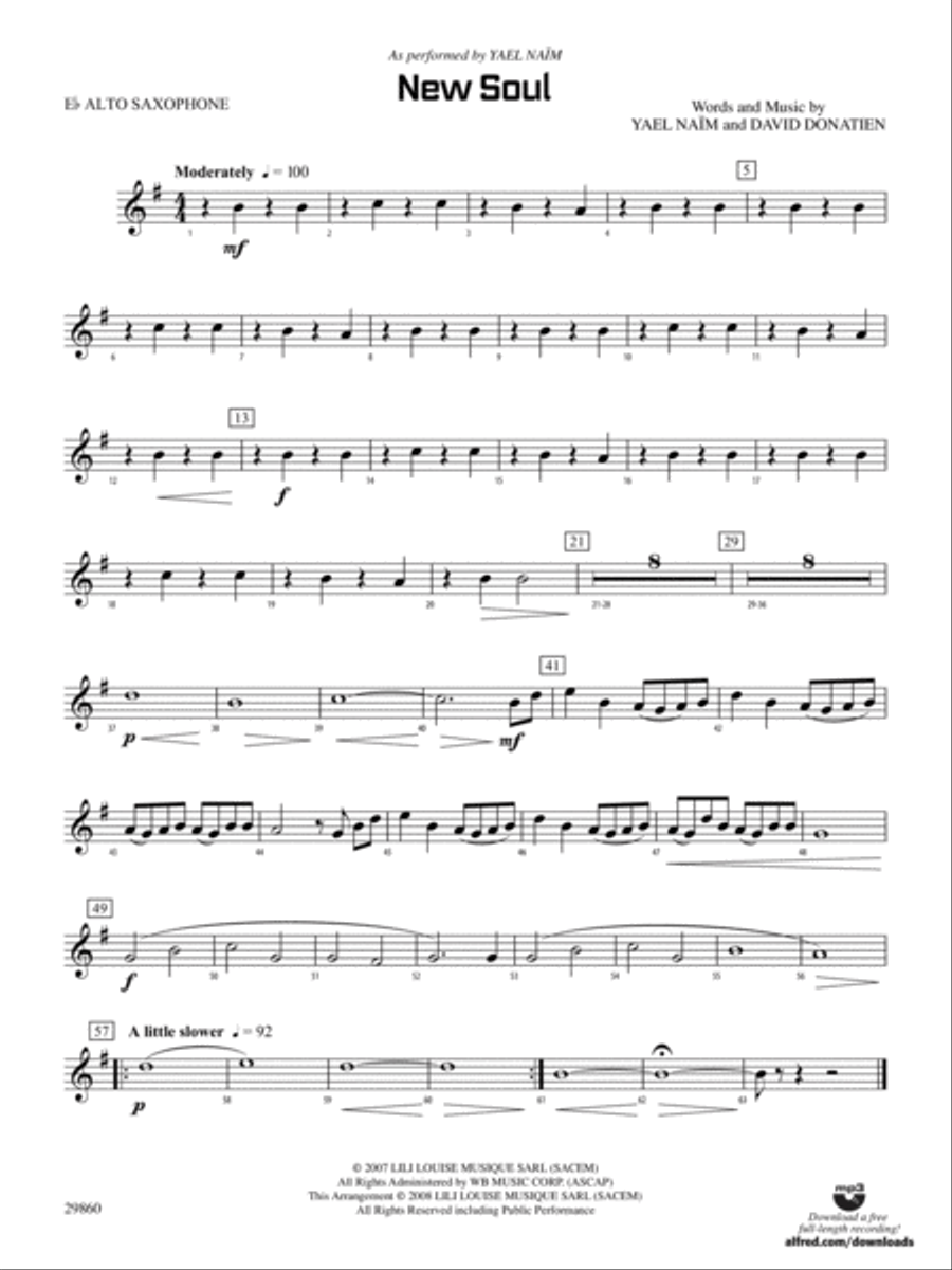 New Soul (from the Yael Naïm CD): E-flat Alto Saxophone Concert Band scores gallery preview page 1