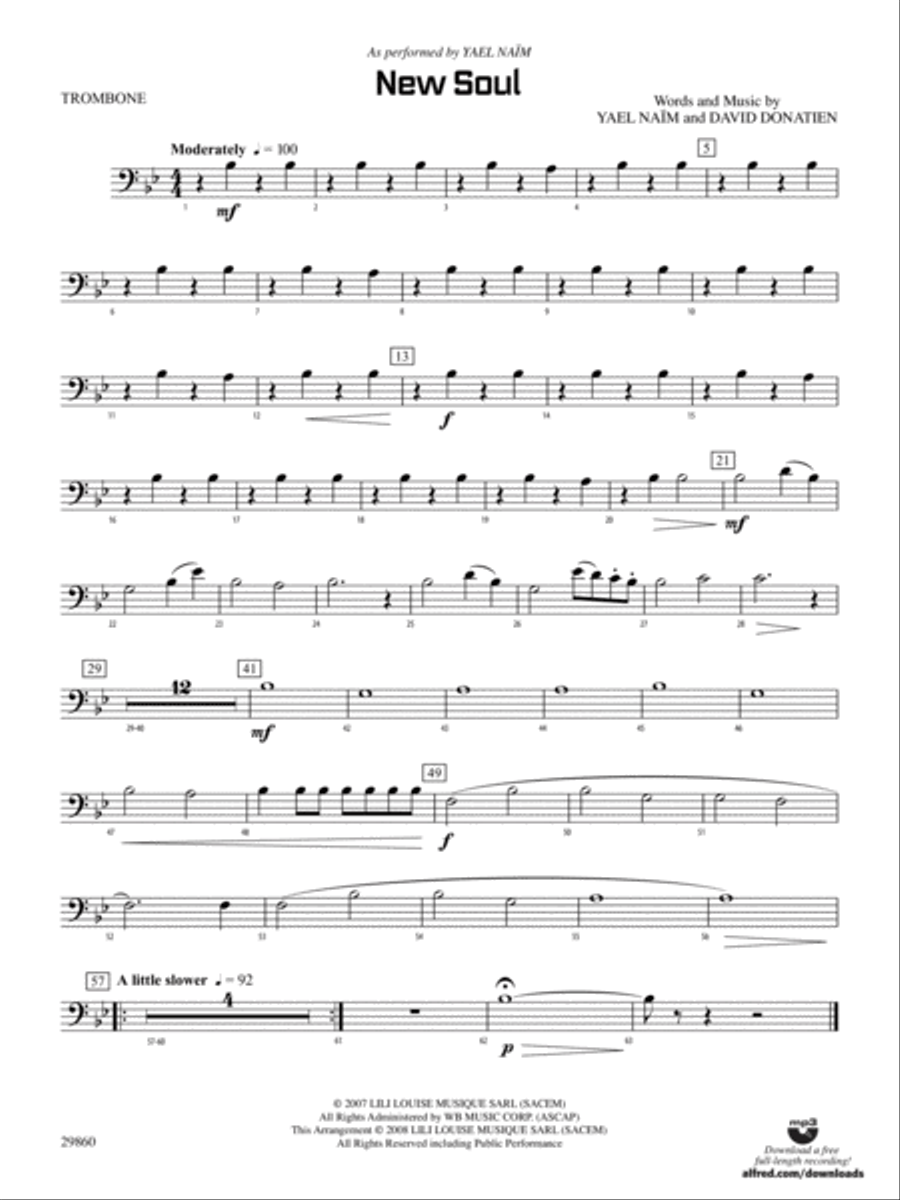 New Soul (from the Yael Naïm CD): 1st Trombone Concert Band scores gallery preview page 1