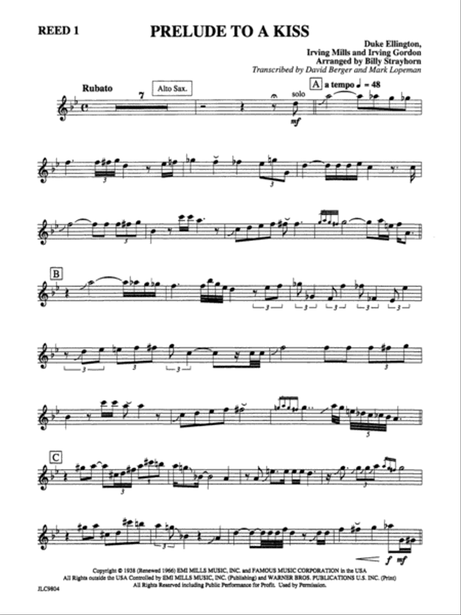 Prelude to a Kiss: E-flat Alto Saxophone Jazz Ensemble scores gallery preview page 1