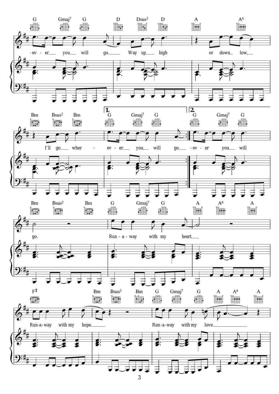 Wherever You Will Go Wherever You Will Go Piano, Vocal, Guitar scores gallery preview page 3