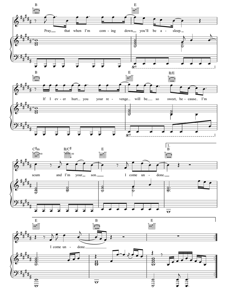 Come Undone Come Undone Piano, Vocal, Guitar scores gallery preview page 3