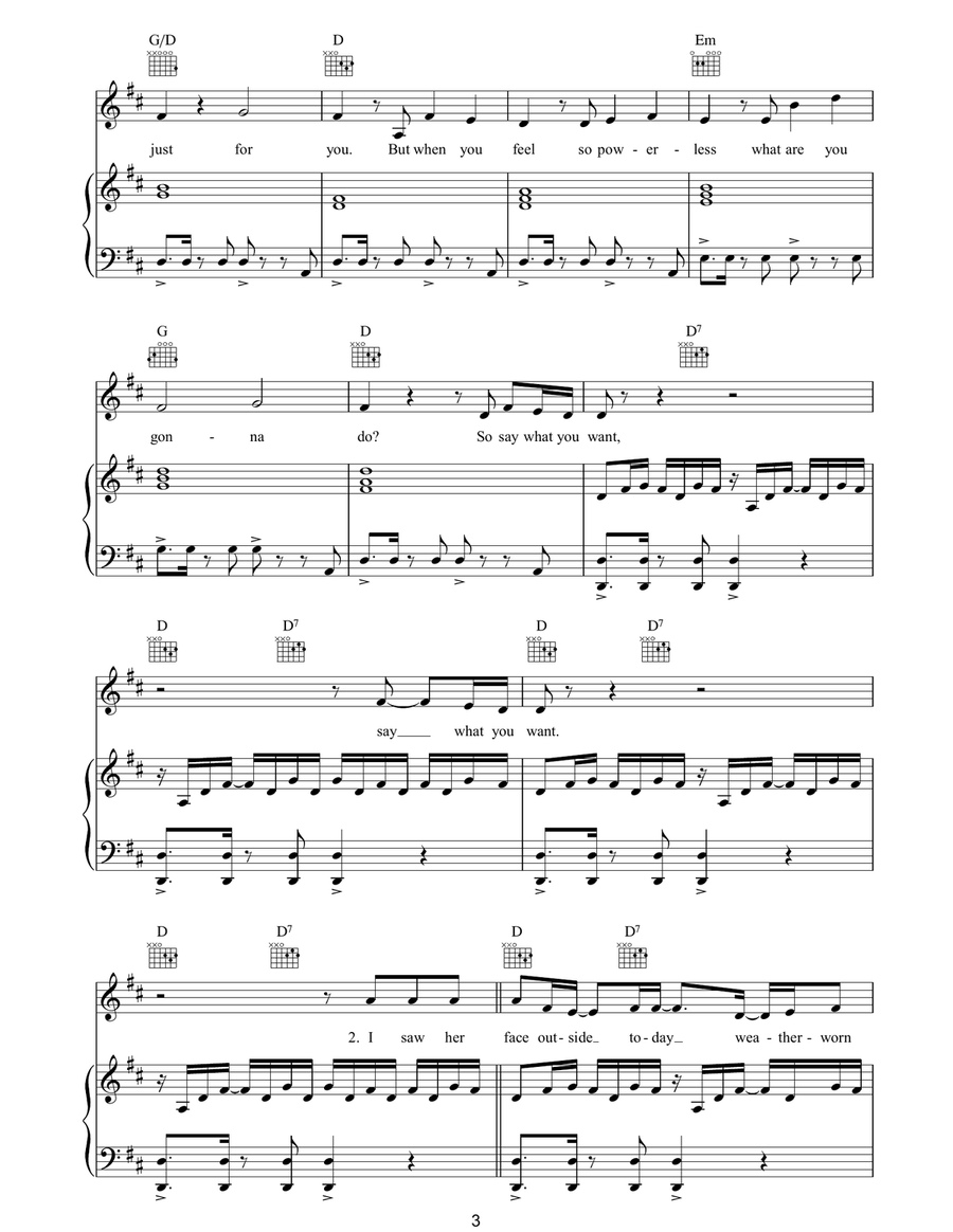 Powerless (Say What You Want) Piano, Vocal, Guitar scores gallery preview page 3
