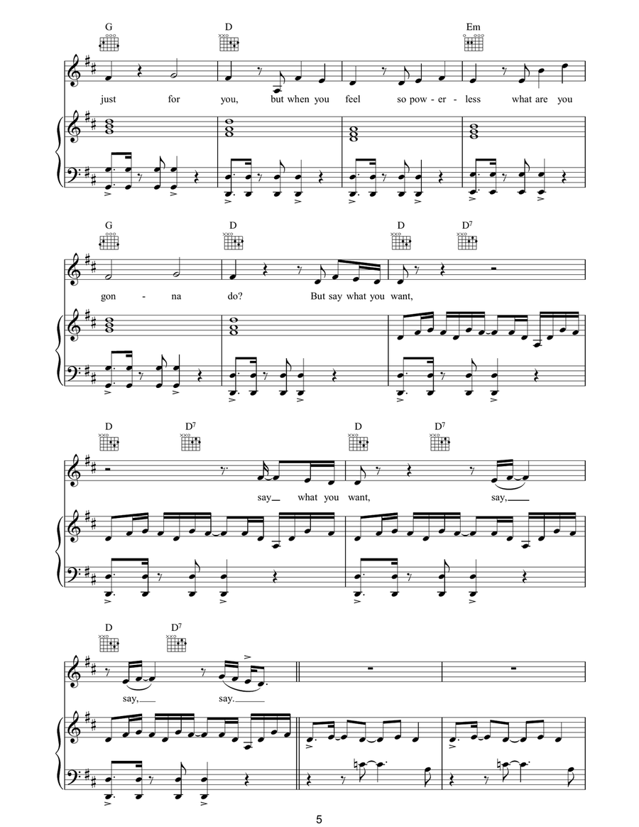 Powerless (Say What You Want) Piano, Vocal, Guitar scores gallery preview page 5