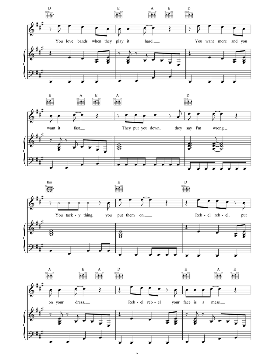 Rebel Rebel Rebel Rebel Piano, Vocal, Guitar scores gallery preview page 3