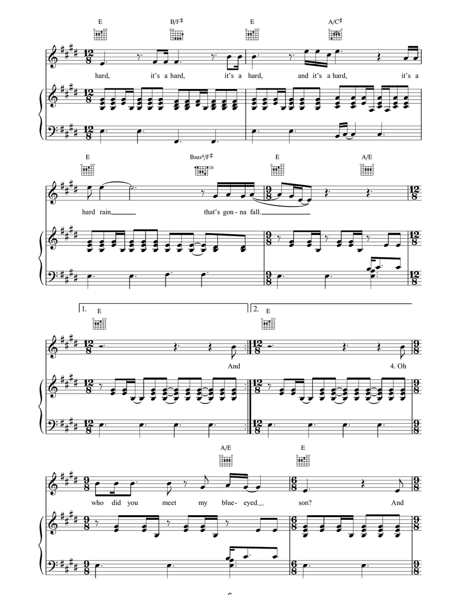 A Hard Rain's Gonna Fall A Hard Rain's Gonna Fall Piano, Vocal, Guitar scores gallery preview page 6