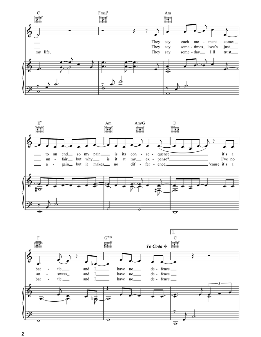 No Defence Piano, Vocal, Guitar - Digital Sheet Music page 2