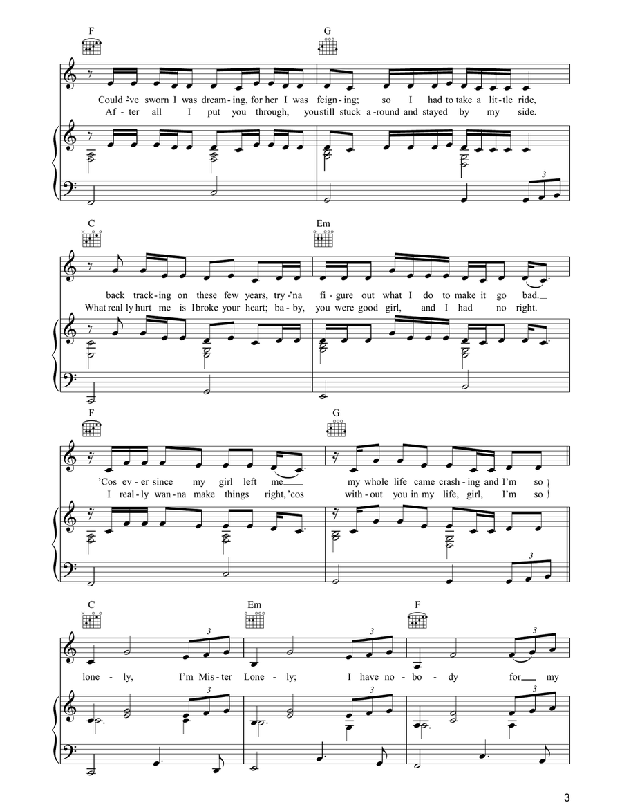 Lonely Lonely Piano, Vocal, Guitar scores gallery preview page 3