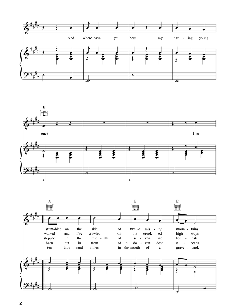 A Hard Rain's A-Gonna Fall Piano, Vocal, Guitar scores gallery preview page 2
