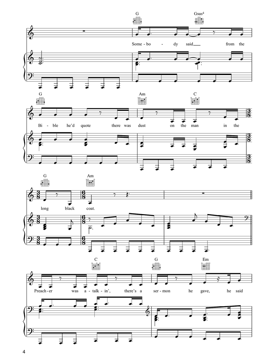 Man In The Long Black Coat Piano, Vocal, Guitar scores gallery preview page 4