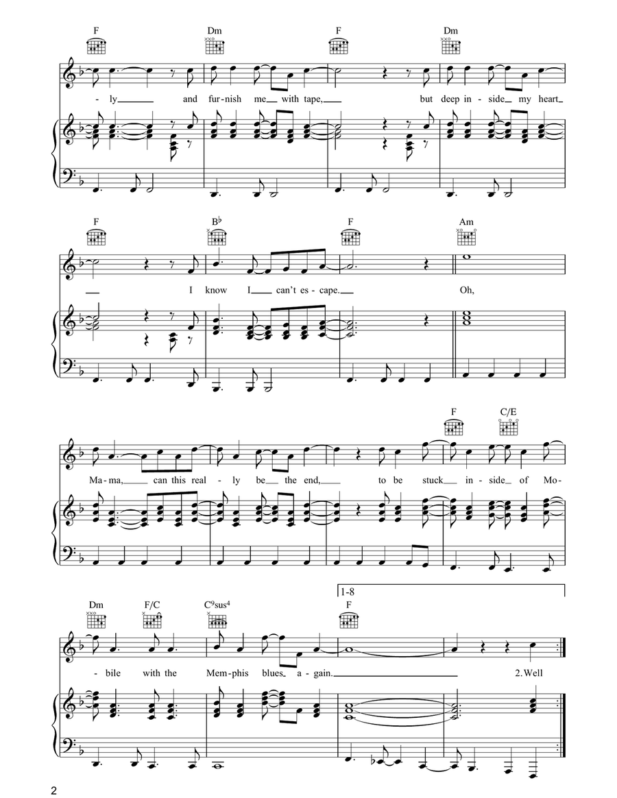 Stuck Inside Of Mobile With The Memphis Blues Again Piano, Vocal, Guitar scores gallery preview page 2