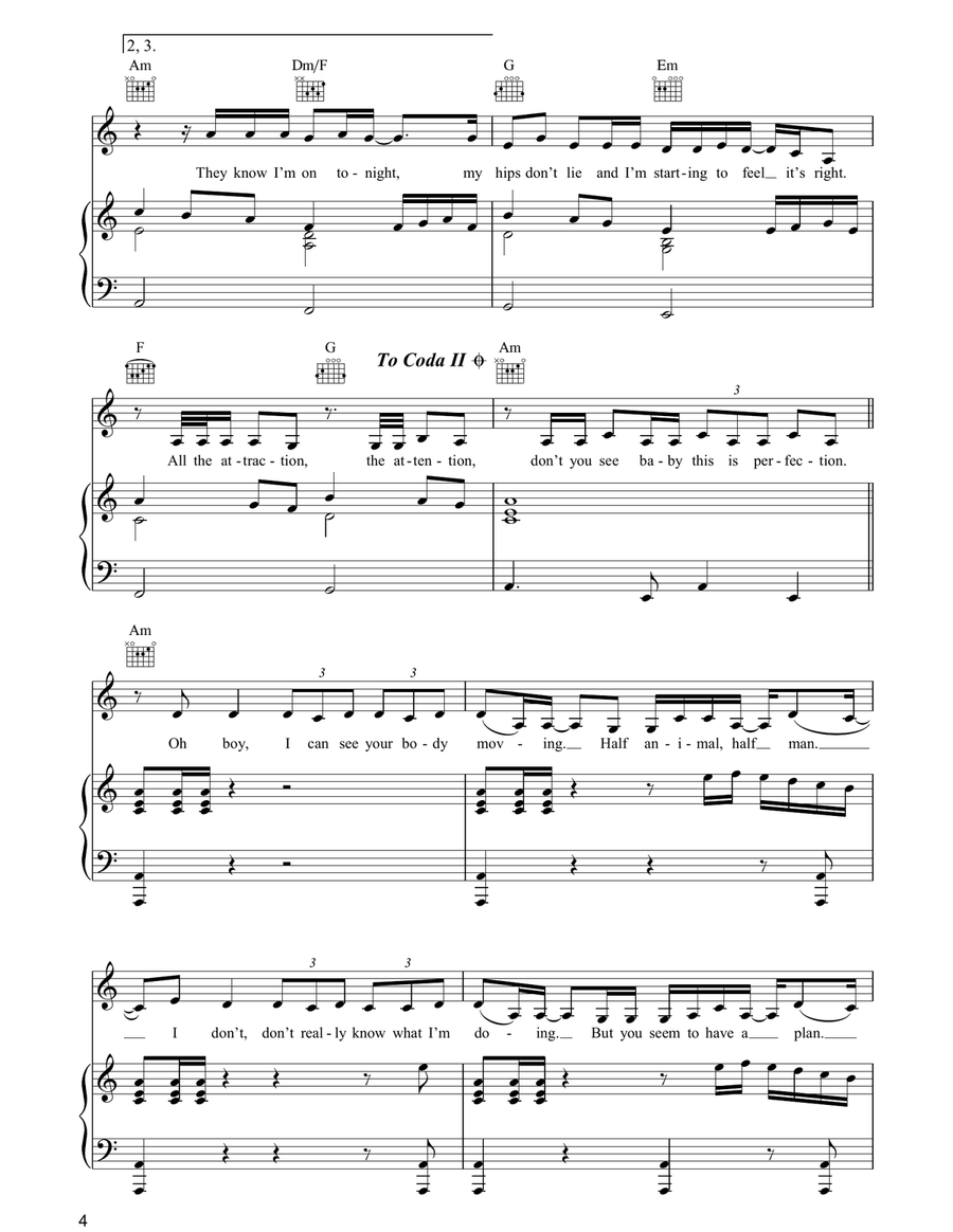 Hips Don't Lie Piano, Vocal, Guitar scores gallery preview page 4