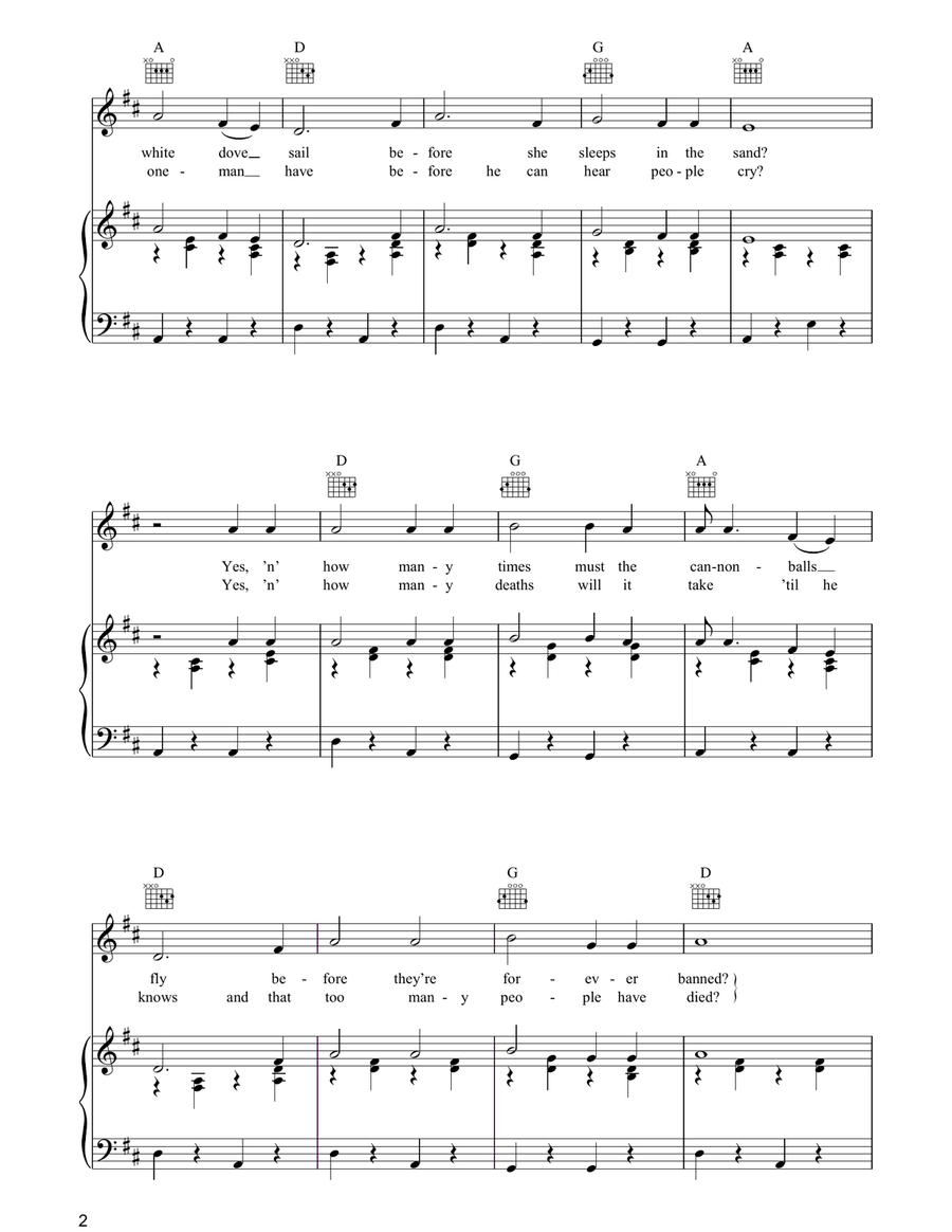 Blowin' In The Wind Blowin' In The Wind Piano, Vocal, Guitar scores gallery preview page 2