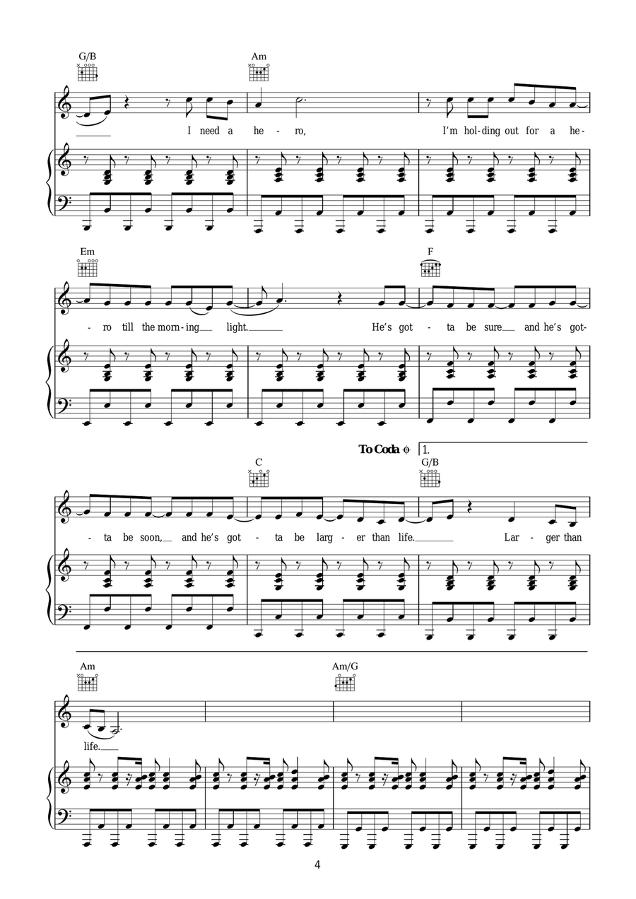 Holding Out For A Hero Piano, Vocal, Guitar scores gallery preview page 4