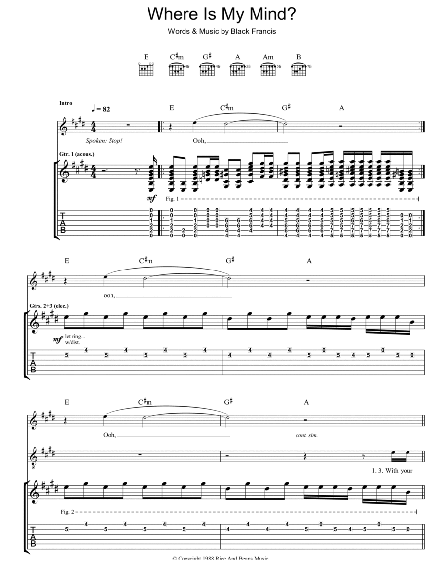 Where Is My Mind? Guitar Tablature scores gallery preview page 1