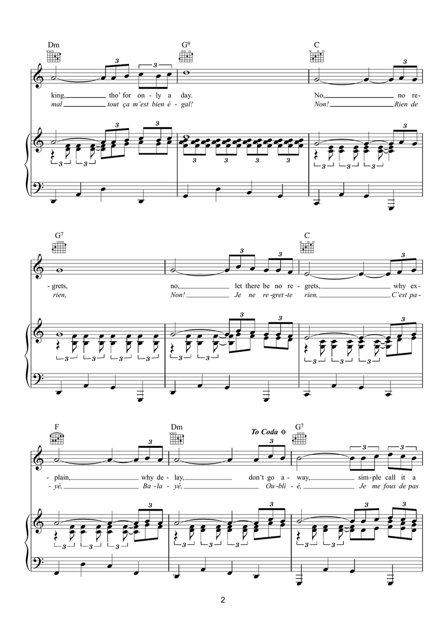 No Regrets (Non, Je Ne Regrette Rien) Piano, Vocal, Guitar scores gallery preview page 2