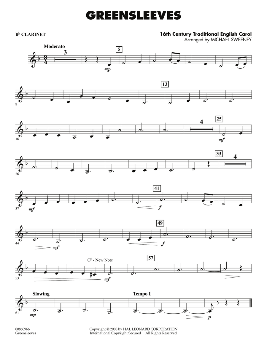 Greensleeves - Bb Clarinet Concert Band scores gallery preview page 1
