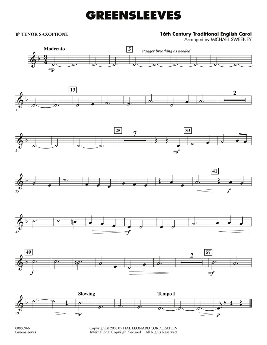 Greensleeves - Bb Tenor Saxophone Concert Band scores gallery preview page 1