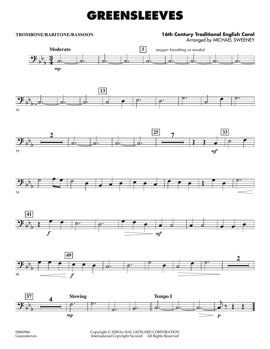Greensleeves - Trombone/Baritone B.C./Bassoon Concert Band scores gallery preview page 1