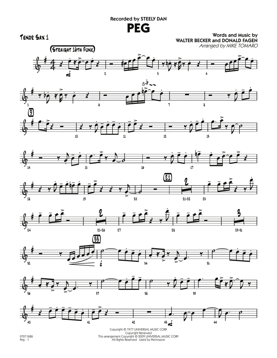 Peg - Tenor Sax 1 Peg - Tenor Sax 1 Jazz Ensemble scores gallery preview page 1