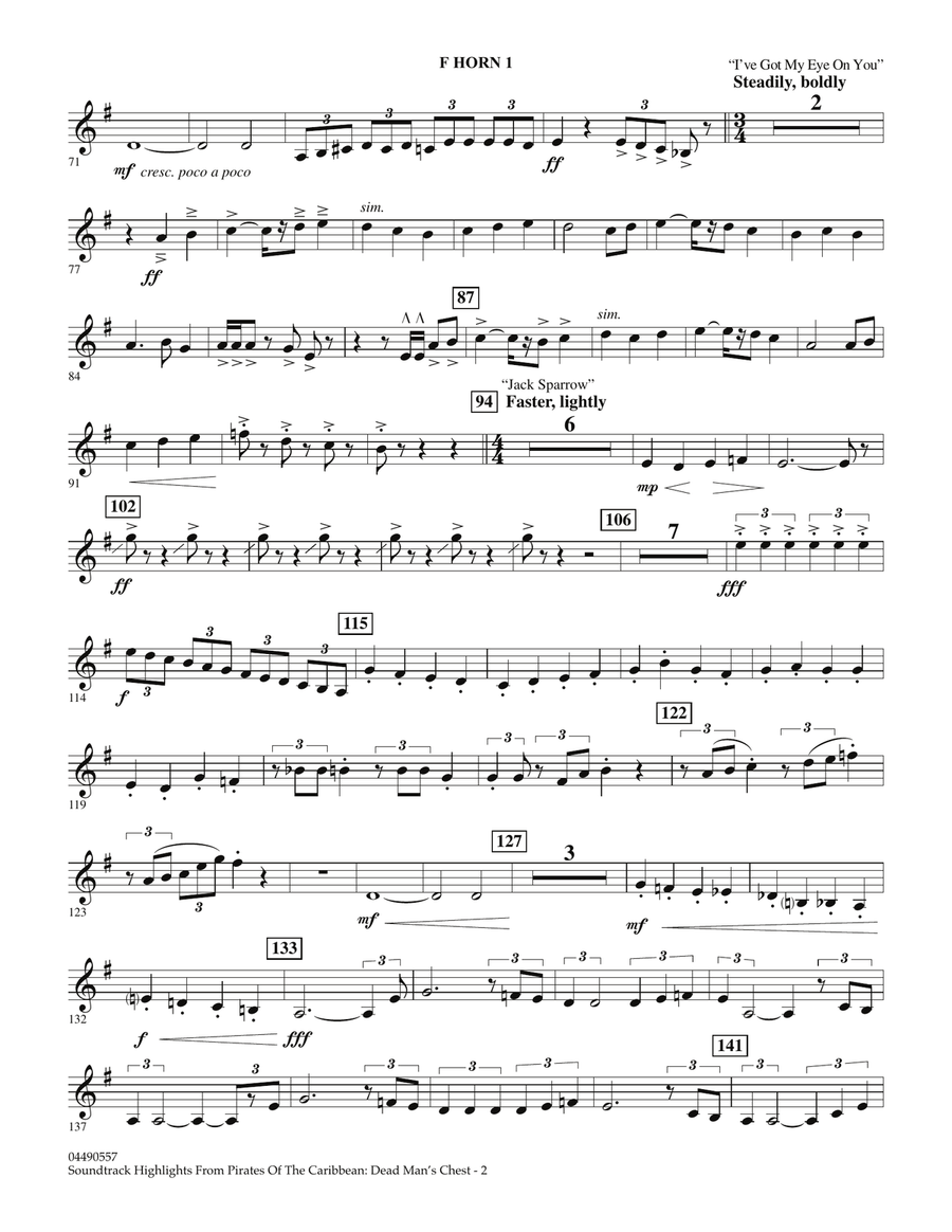 Soundtrack Highlights from Pirates Of The Caribbean: Dead Man's Chest - F Horn 1 Full Orchestra scores gallery preview page 2