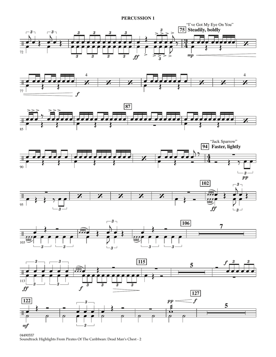 Soundtrack Highlights from Pirates Of The Caribbean: Dead Man's Chest - Percussion 1 Full Orchestra scores gallery preview page 2
