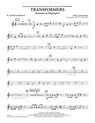 Transformers Soundtrack Highlights - Bb Tenor Saxophone
